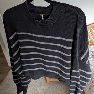Free People Easy Street Black & Gray Striped Crewneck Sweater
